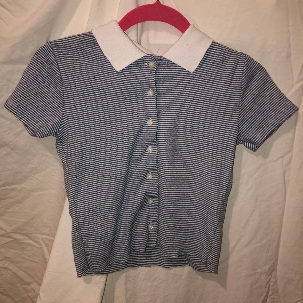 blue and white striped collar shirt